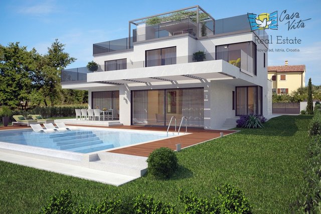 In vendita è una bellissima villa di architettura moderna in una posizione molto ricercata, a 2 km da Parenzo e 1,5 km dal mare.